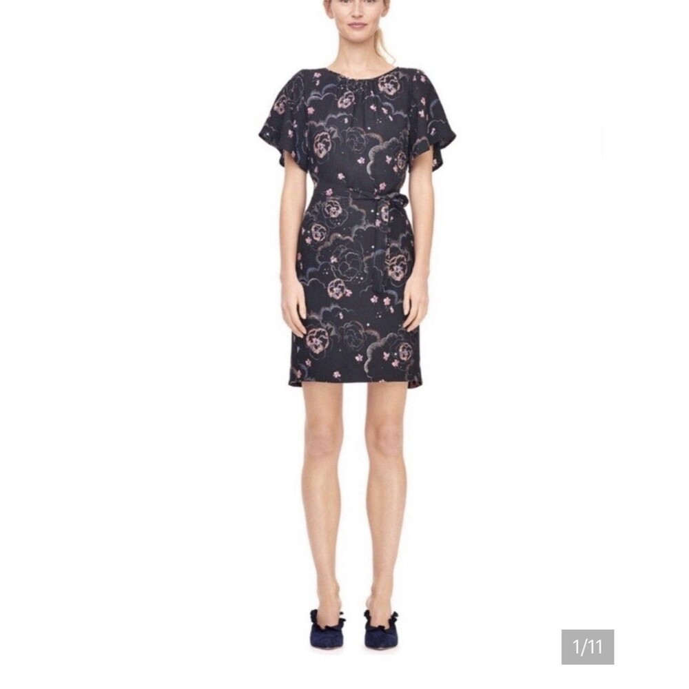 Rebecca Taylor Black Floral Print Flutter Sleeve Silk Neptune Mini Dress Size 4
